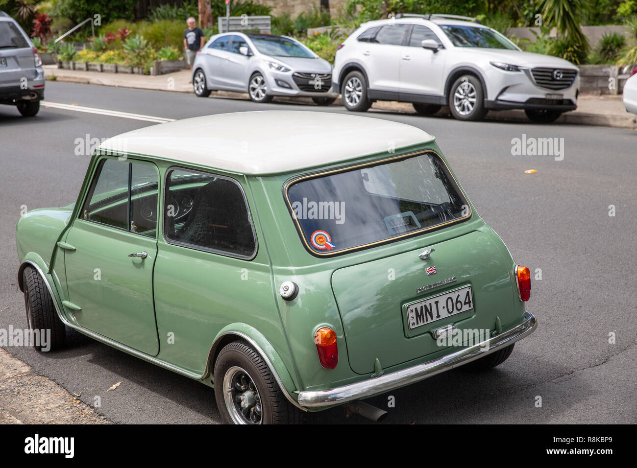 1964 Classic Mini 850 Auto in Sydney Australien, grüne Karosserie mit weißem Dach Stockfoto