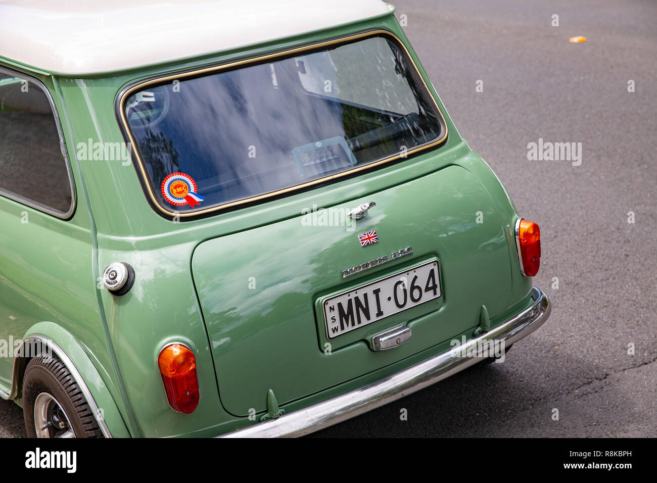 1964 Classic Mini 850 Auto in Sydney Australien, grüne Karosserie mit weißem Dach Stockfoto