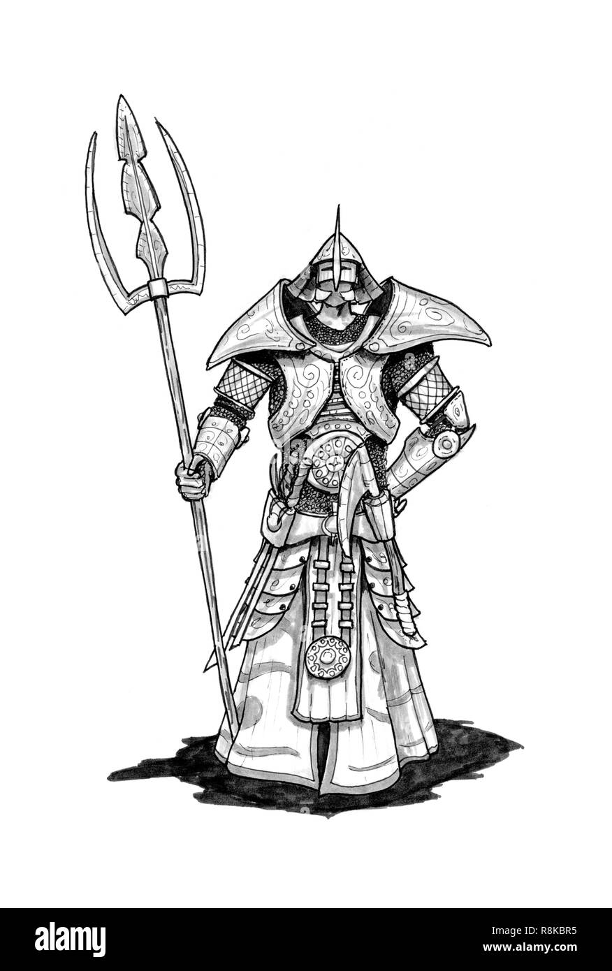 Tinte Konzept Kunst Zeichnung der Phantasie Zeremonie Wächter in voller Rüstung und Helm. Stockfoto