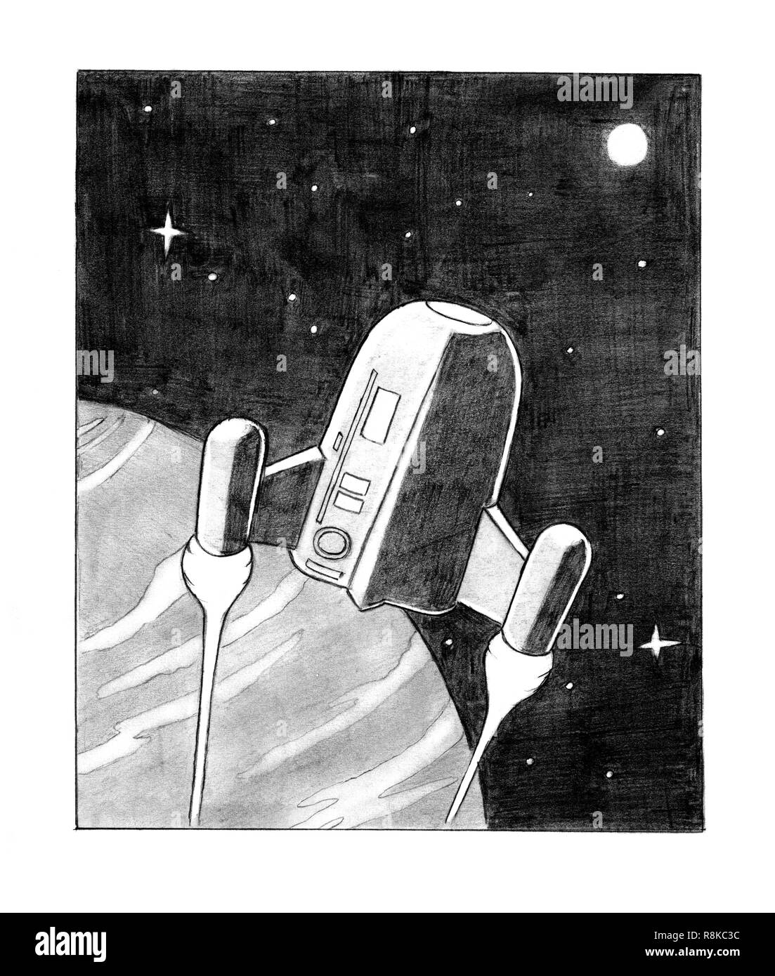 Bleistiftzeichnung von sci-fi Raumschiff auf dem Planeten Orbit Stockfoto