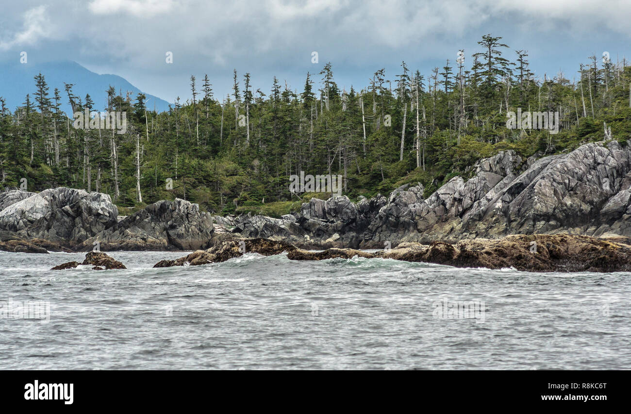 Wellen von Queen Charlotte Sound bis auf den äußeren Inseln Hakai Lúxvbálís Conservancy, die größte Marine Protected Area auf dem BC coast waschen. Stockfoto