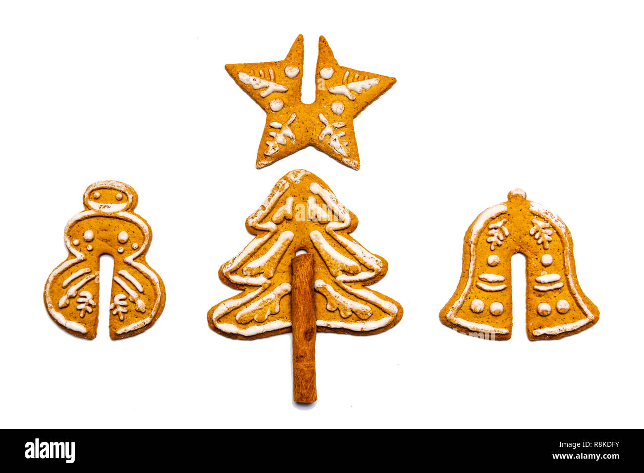 Weihnachten festliche geformte Cookies isoliert auf weißem Stockfoto