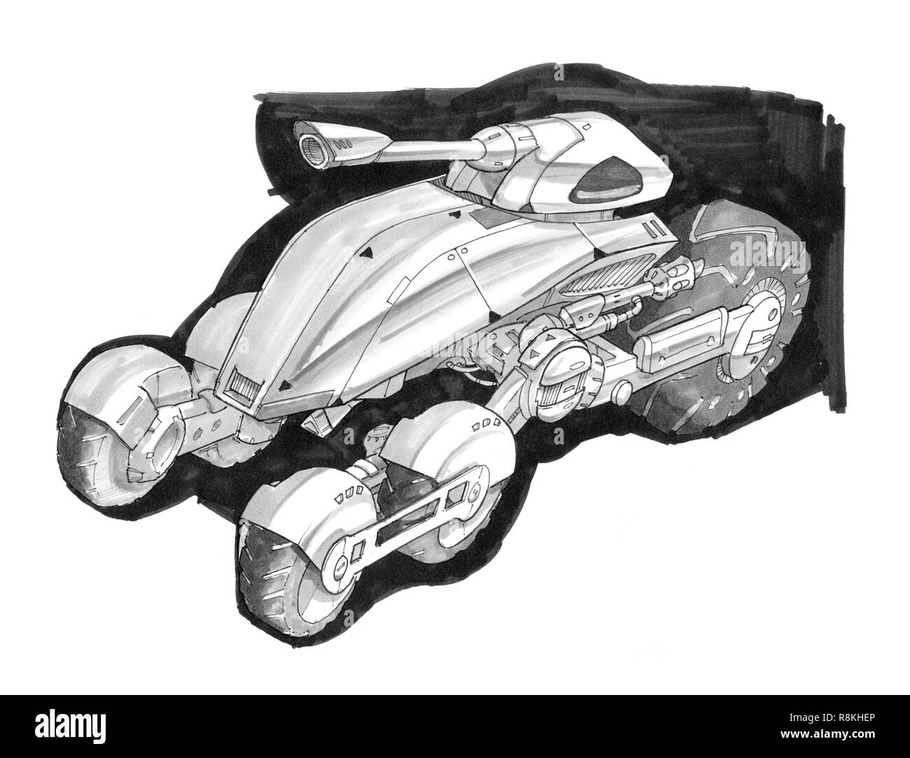 Schwarze Tinte Konzept Kunst Zeichnung von Sci-fi zukünftige militärische Tank Design Stockfoto