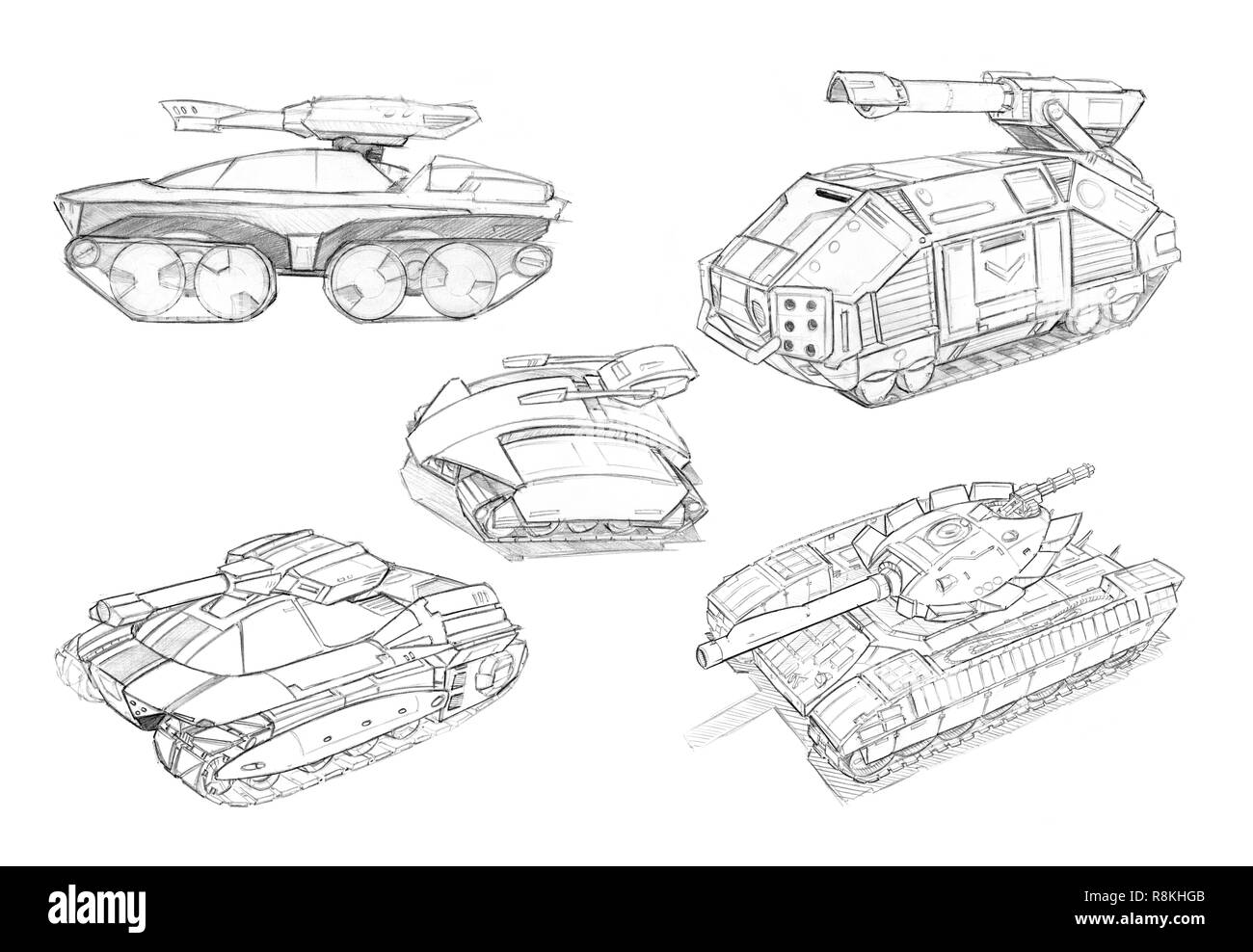 Schwarz Bleistift Konzept Kunst Zeichnung der Satz von Sci-fi zukünftige militärische Tank Designs Stockfoto