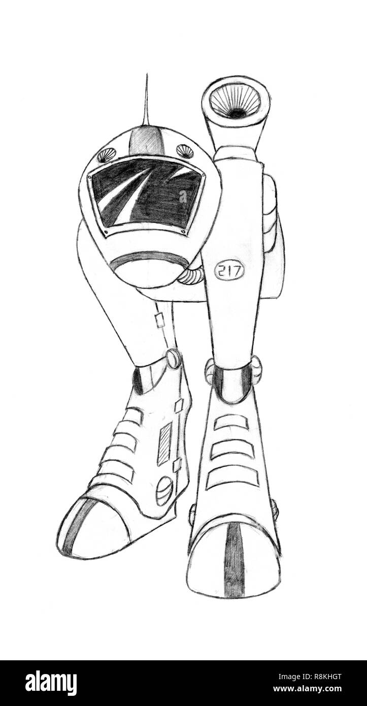 Schwarz Bleistift Konzept Kunst Zeichnung von Sci-fi Zukunft Roboter oder Walking militärische Tank Stockfoto