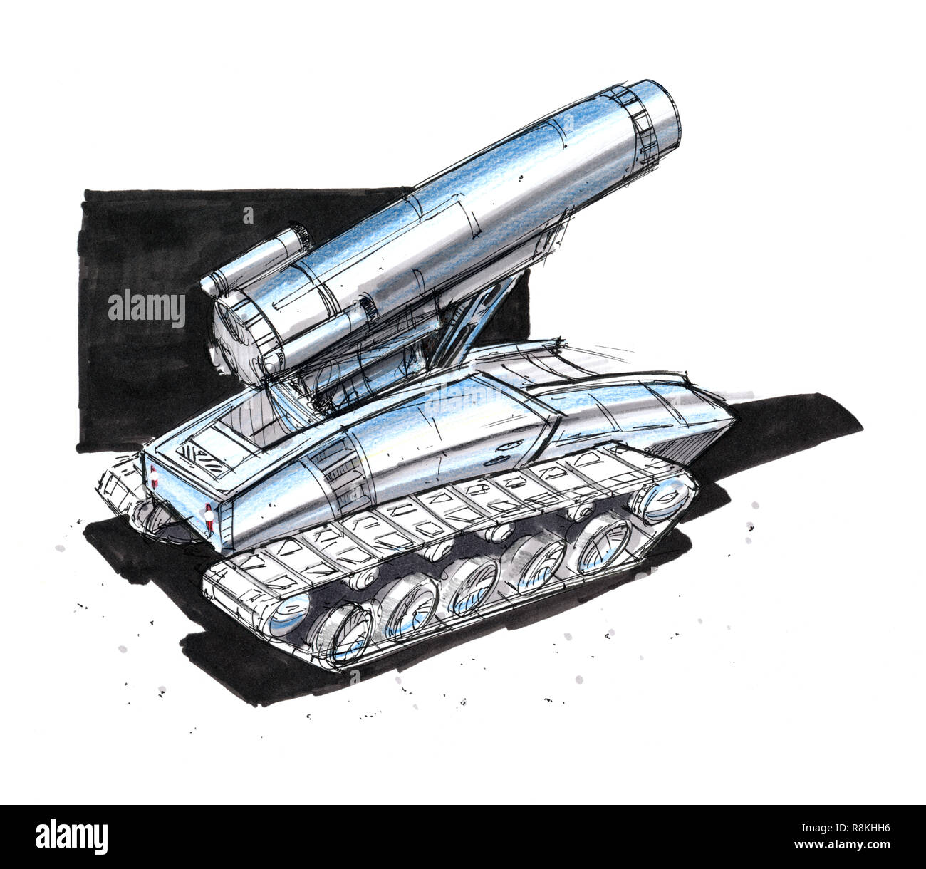 Schwarze Tinte Konzept Kunst Zeichnung von Sci-fi zukünftige militärische Tank oder Artillerie Design Stockfoto