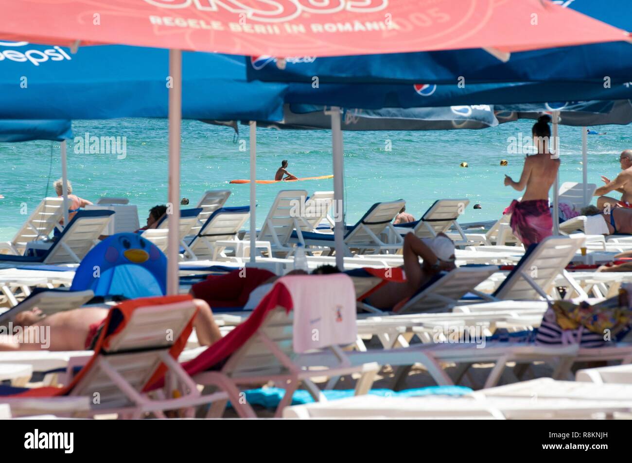 Rumänien, Dobruja, Schwarzmeerküste, historisch als Tomis Constanta, Mamaia, Beach bekannt Stockfoto