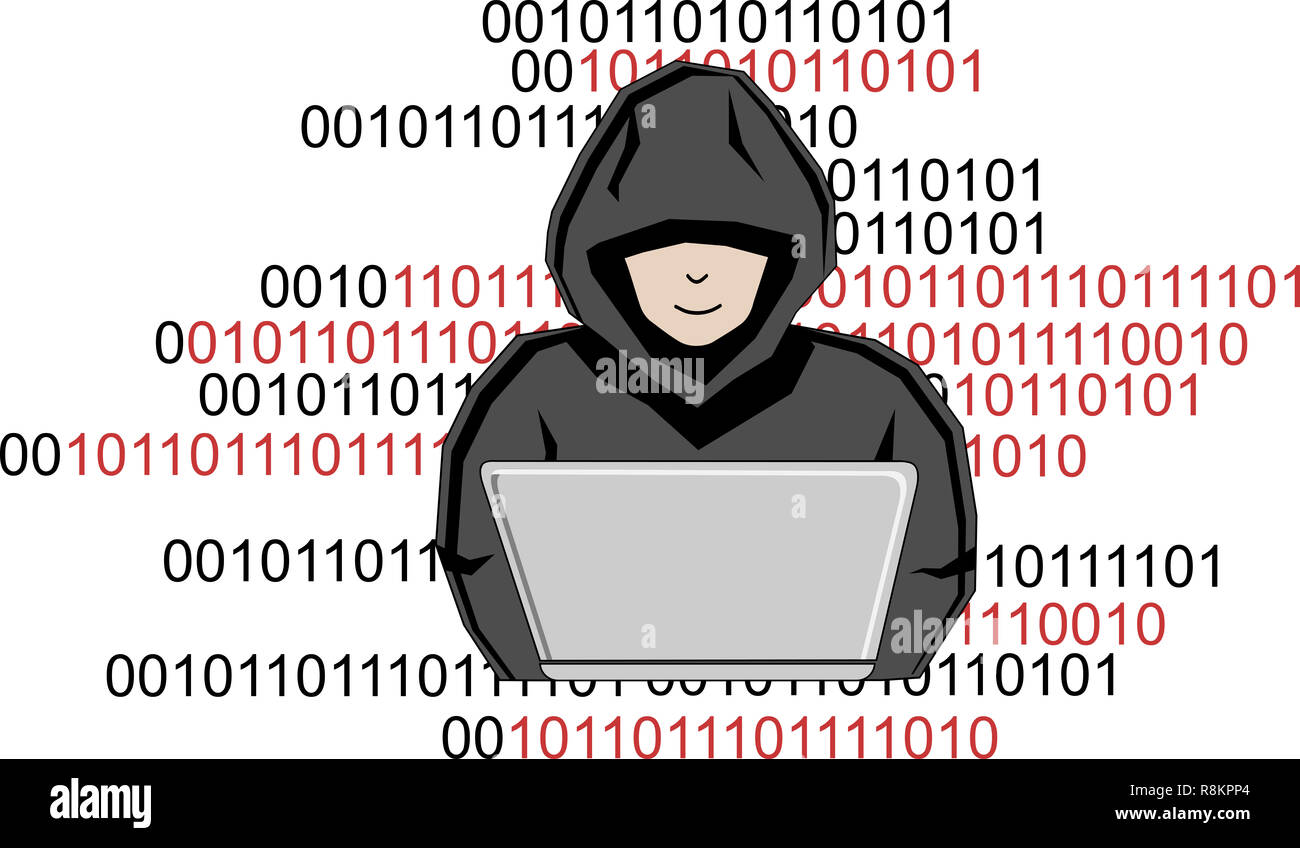 Ein Mann versteckt sich unter einer Haube Hacks in einen Computer Stockfoto