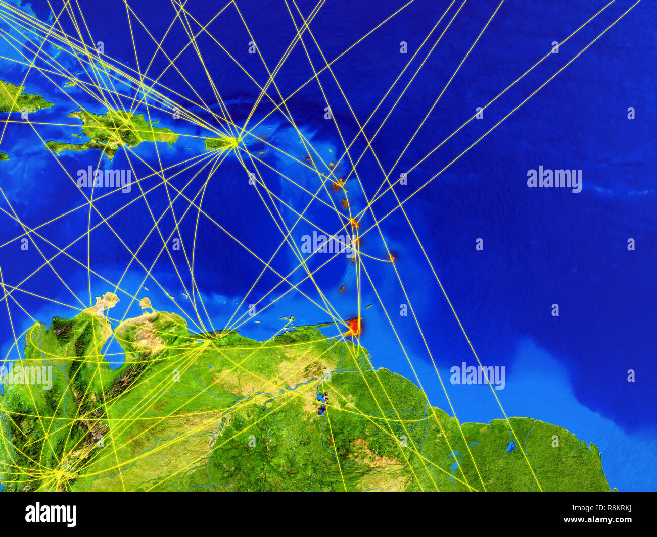 Karibik von Speicherplatz auf dem Modell des Planeten Erde mit Netzwerken. Detaillierte Planeten Oberfläche mit den Lichtern der Stadt. 3D-Darstellung. Elemente dieses Bild liefern Stockfoto