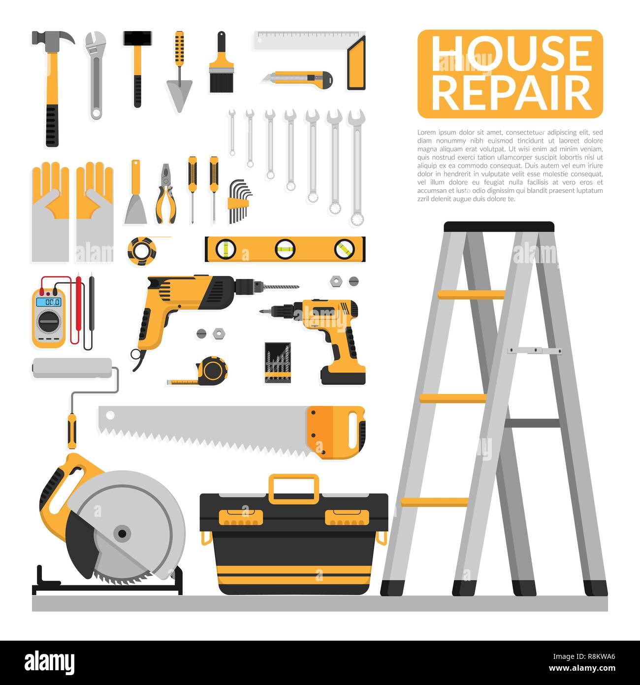 Satz von DIY home Reparatur Werkzeuge vektor Logo Design Template. home Reparatur Banner, Bau, bei der Instandsetzung Symbole. Hand tools für Home Renovierung & Co. Stock Vektor