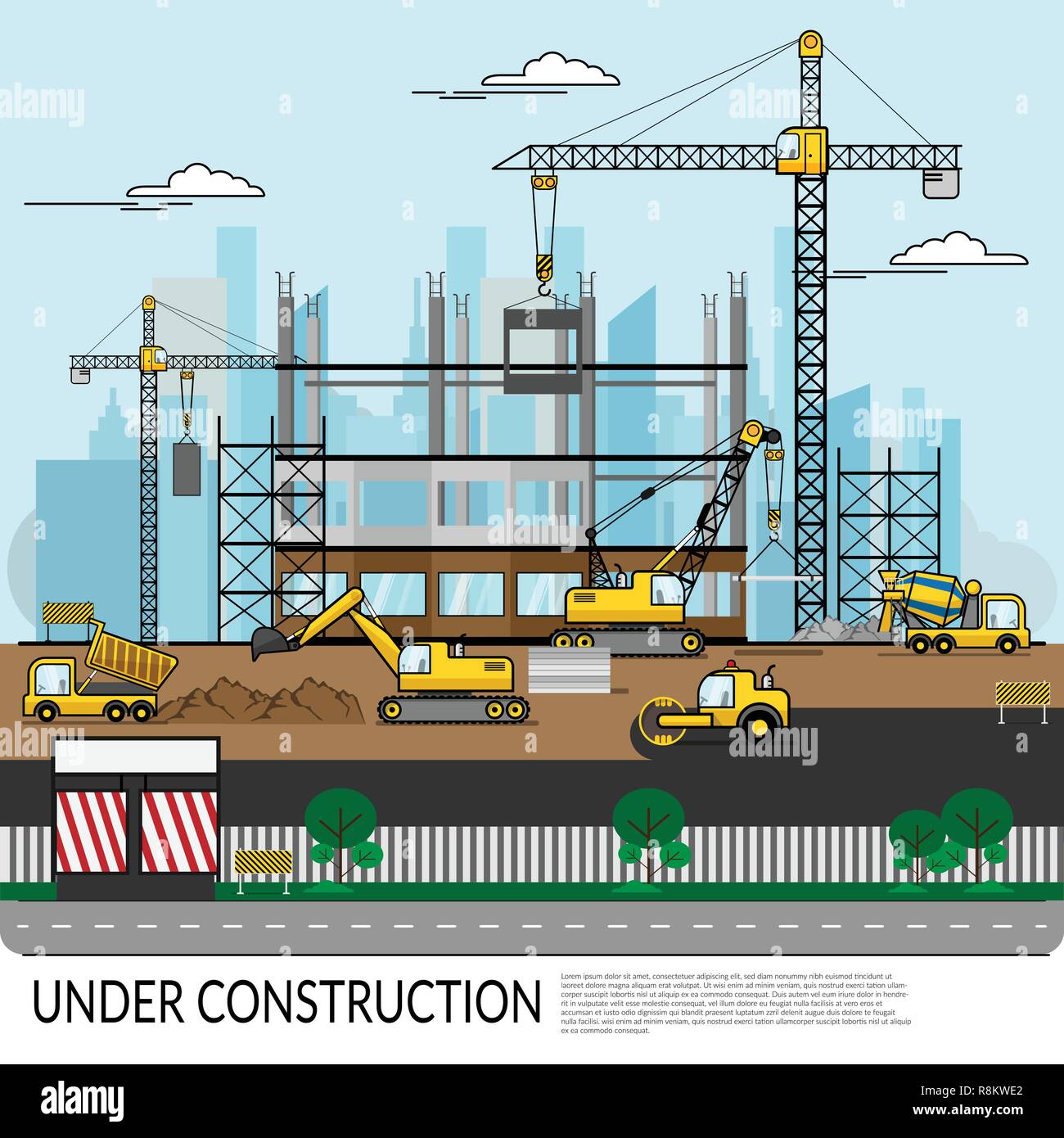Der Vektor der geschäftigen Baustelle mit Arbeitern, Stapler, Kran und schweres Gerät Arbeiten am Gebäude mit Blick auf die Stadt im Hintergrund. construc Stock Vektor
