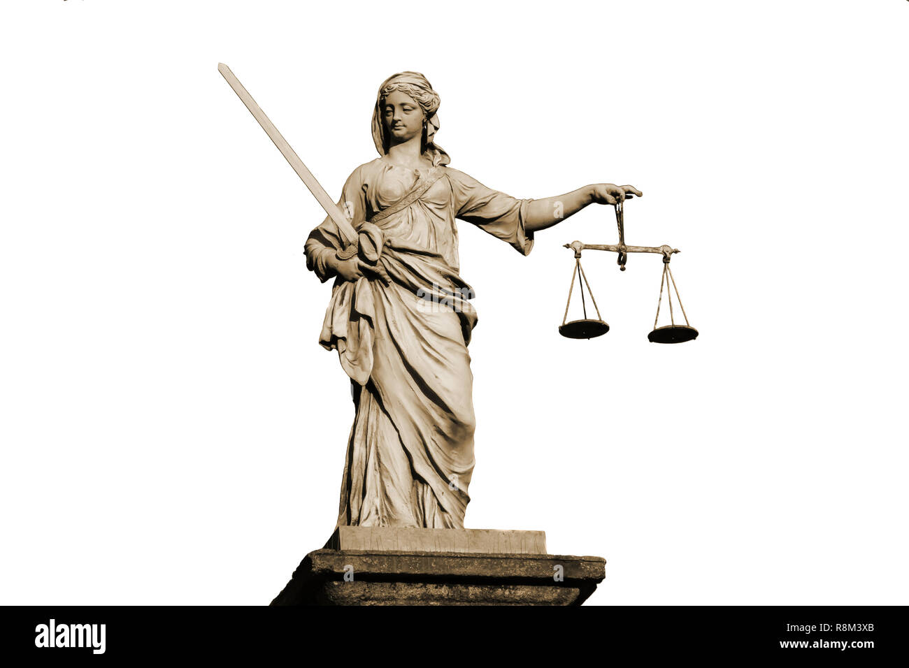 Statue von Lady die Gerechtigkeit im Dublin Castle in Dublin, Irland isoliert auf weißem Stockfoto