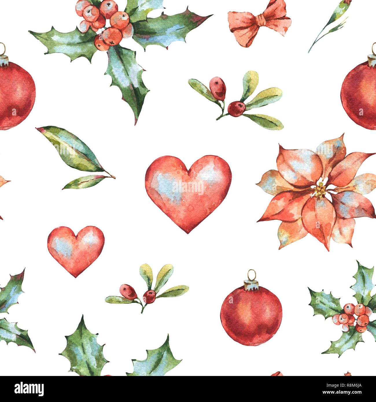 Winter Weihnachten Aquarell nahtlose Muster, Neue Jahr Dekoration, rote Herzen, Holly, Beeren, Weihnachtsstern, christmas ball, vintage Illustration, Holida Stockfoto