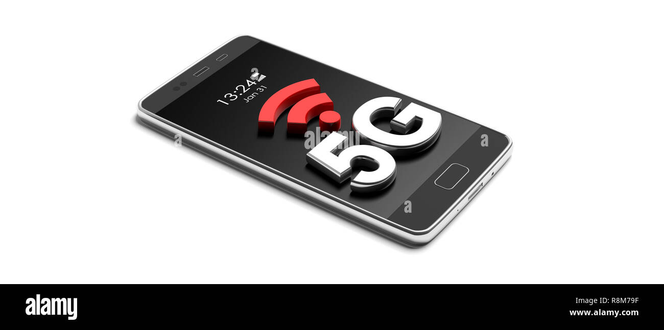 5G High-Speed Netzwerkverbindung. 5. Generation neue mobile Wireless Internet auf dem Smartphone, vor weißem Hintergrund. 3D-Darstellung Stockfoto