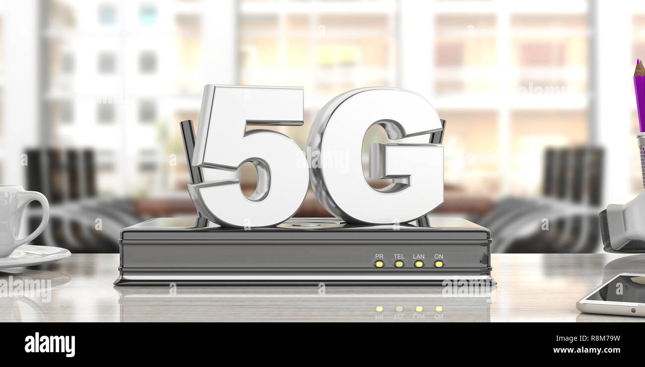 5G High-Speed Netzwerkverbindung. 5. Generation neue mobile Wireless Internet über WLAN-Router, Unschärfe Business Office Hintergrund. 3D-Darstellung Stockfoto