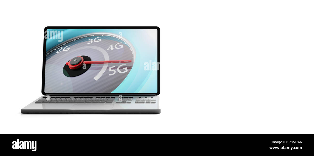 5G High speed Internetverbindung. Bis zu 5 g, Tachometer auf einem Computer Laptop Bildschirm, auf weißem Hintergrund, Banner, isoliert, kopieren. 3d Stockfoto