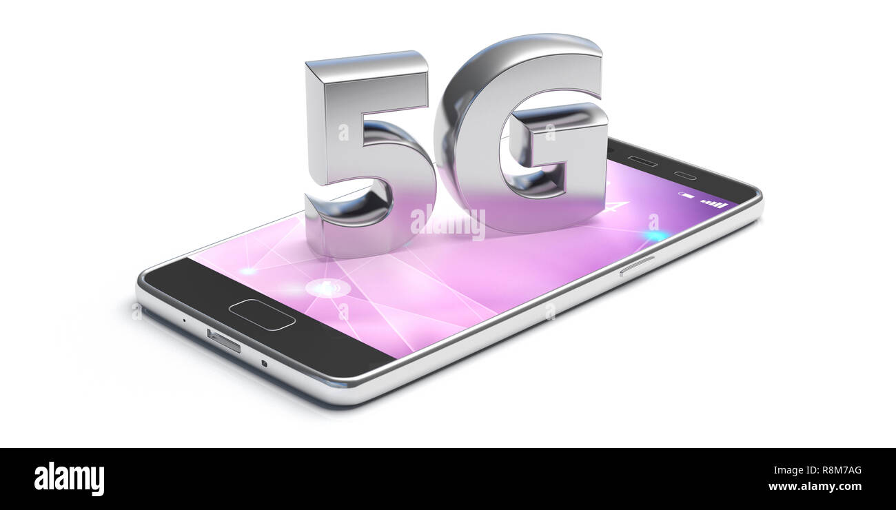 5G High-Speed Netzwerkverbindung. 5. Generation neue mobile Wireless Internet Wifi auf einem Smartphone vor weißem Hintergrund. 3D-Darstellung Stockfoto