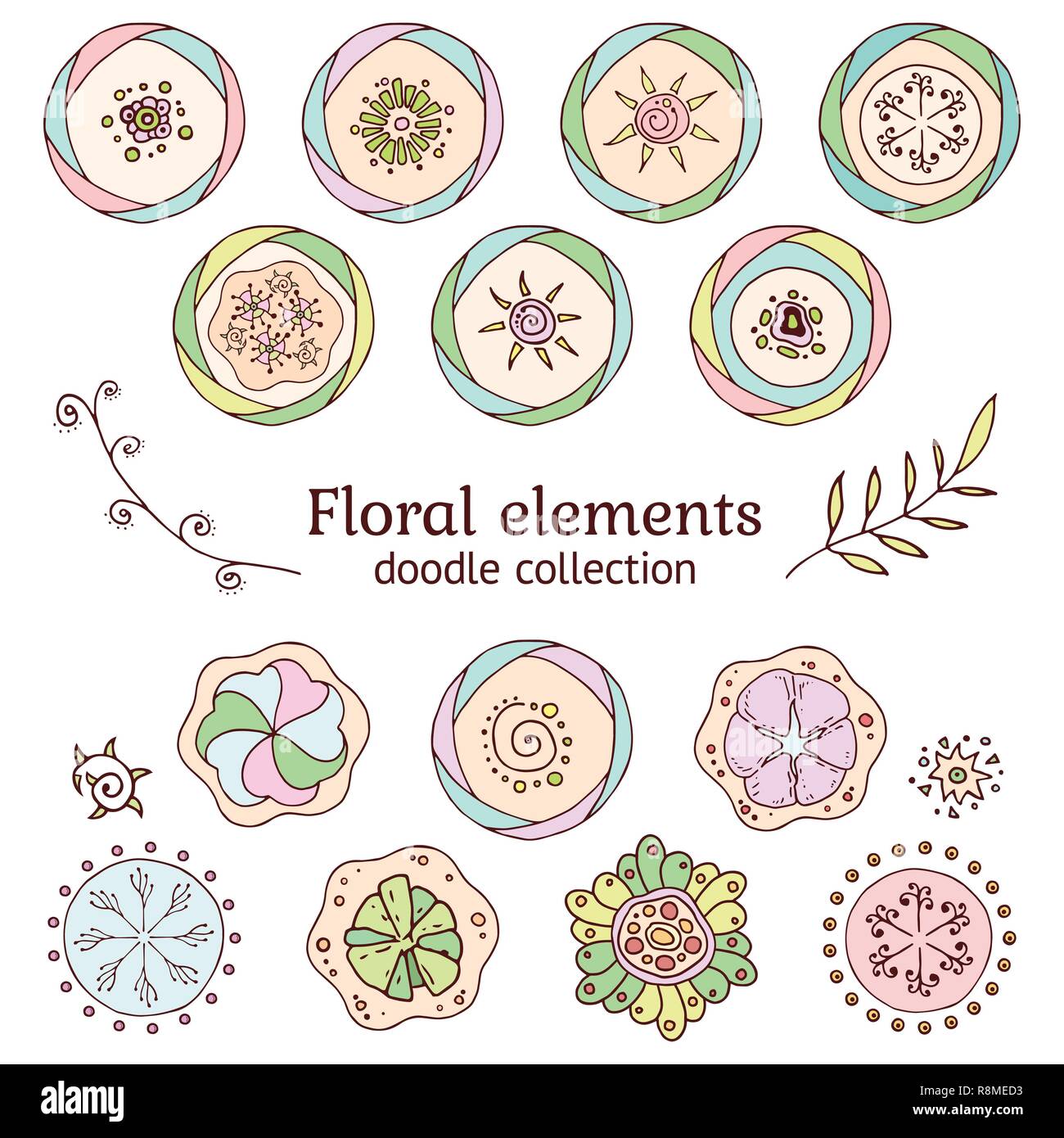 Satz von Hand gezeichnet Vektor Blumen und Zweige mit Blättern, Blüten und Beeren. Doodle Stil. Auf weissem Hintergrund. Dekorative Elemente für Ihre Stock Vektor