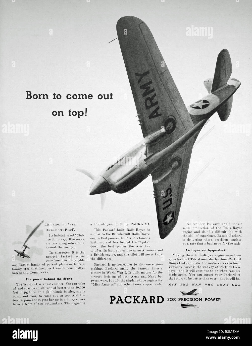 Weltkrieg II Zeitschrift Anzeige durch Packard Hervorhebung seiner Beiträge zum Aufbau der P-40 Warhawk Kampfflugzeug. Stockfoto