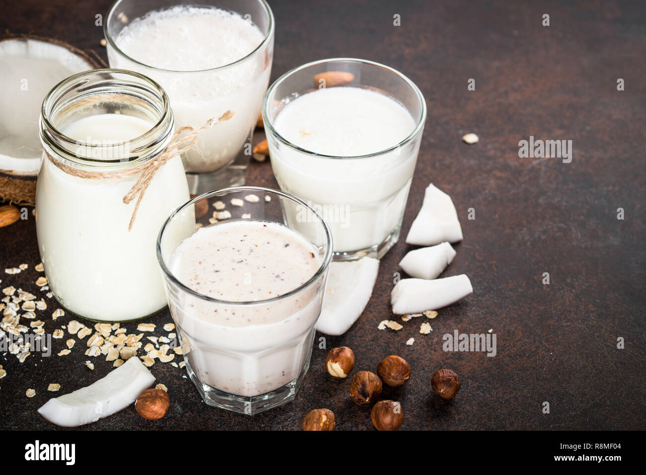 Vegan ohne Milchprodukte alternative Milch. Stockfoto