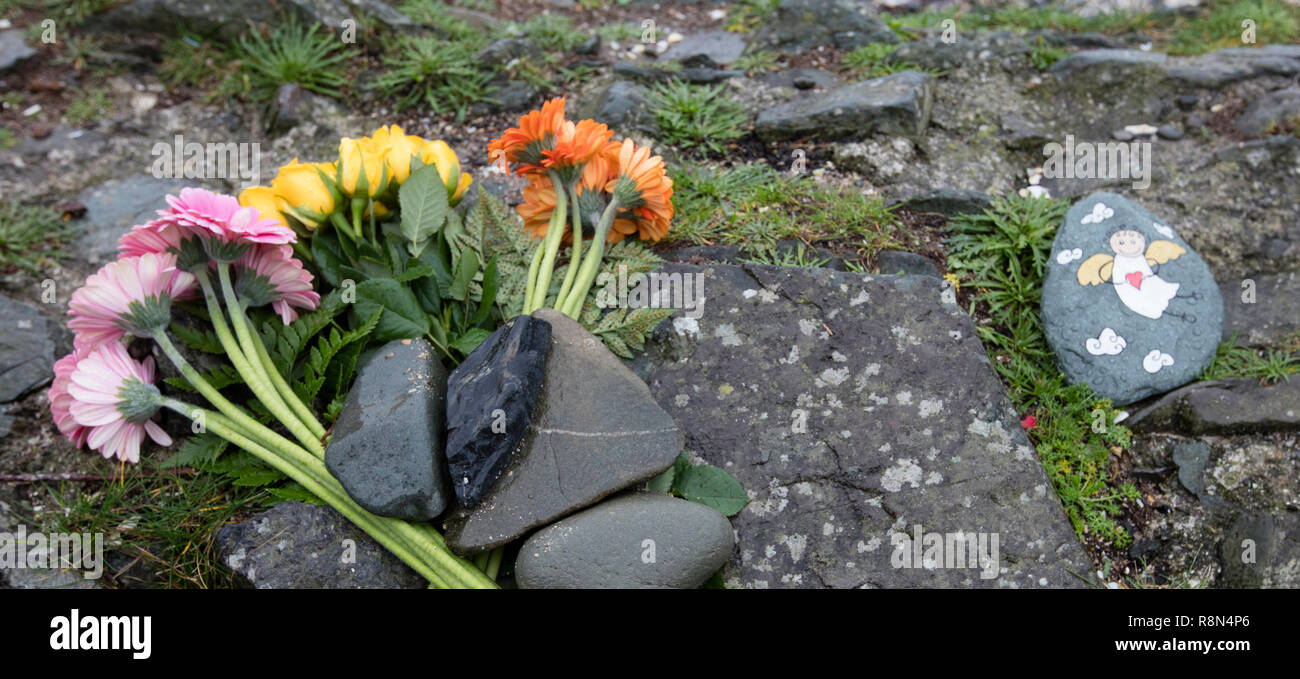 Gardai (Polizei) haben das neugeborene Baby, Bells Beach in County Dublin gefunden genannt, wie "Baby Bell'. Sie haben auch noch einmal mit der Mutter des Kindes appelliert, in Vertrauen zu kommen und medizinische Hilfe erhalten. Das Baby am Samstag morgen von einem Strand cleaner entdeckt wurde, zum Teil in den Sand bedeckt, in Balbriggan, County Dublin. Der Fall hat wieder Erinnerungen in Irland von ähnlichen Fällen, die in den 1980er Jahren von jungen Frauen bei der Geburt und ihre Babys verlieren in geheimen, aufgrund der Angst vor dem Skandal. Foto zeigt Blumen und eine bemalte Engel an der Szene. Fotos: Eamonn Farrell/RollingNews.ie Stockfoto