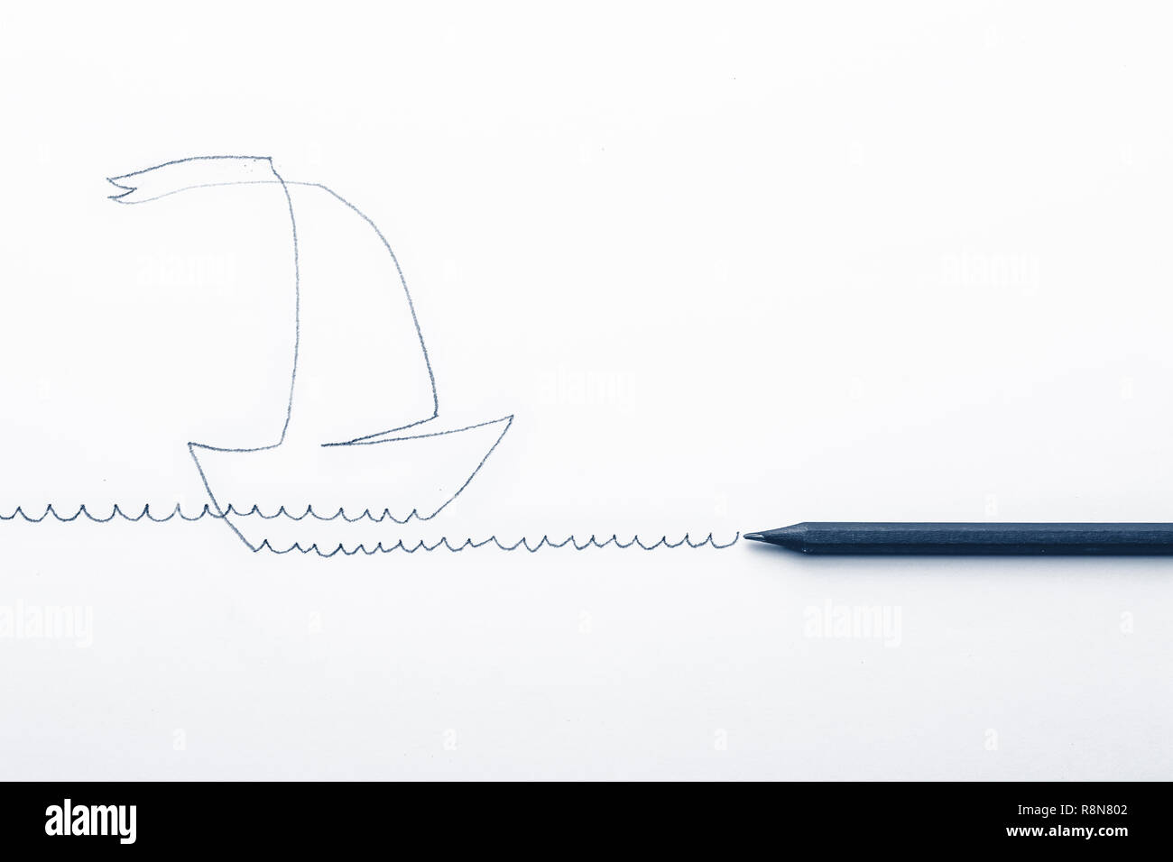 Sketchy lineare Zeichnung eines Schiffes mit einem Segel und ein Bleistift Stockfoto