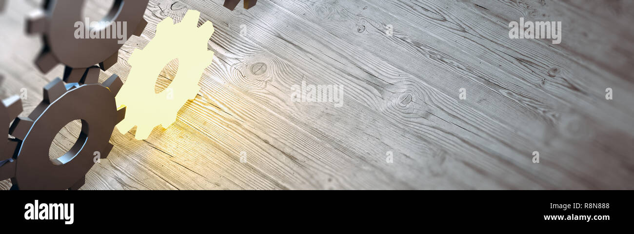 Zahnräder Verbindung Konzept. Panoramablick auf die 3D-Rendering Stockfoto