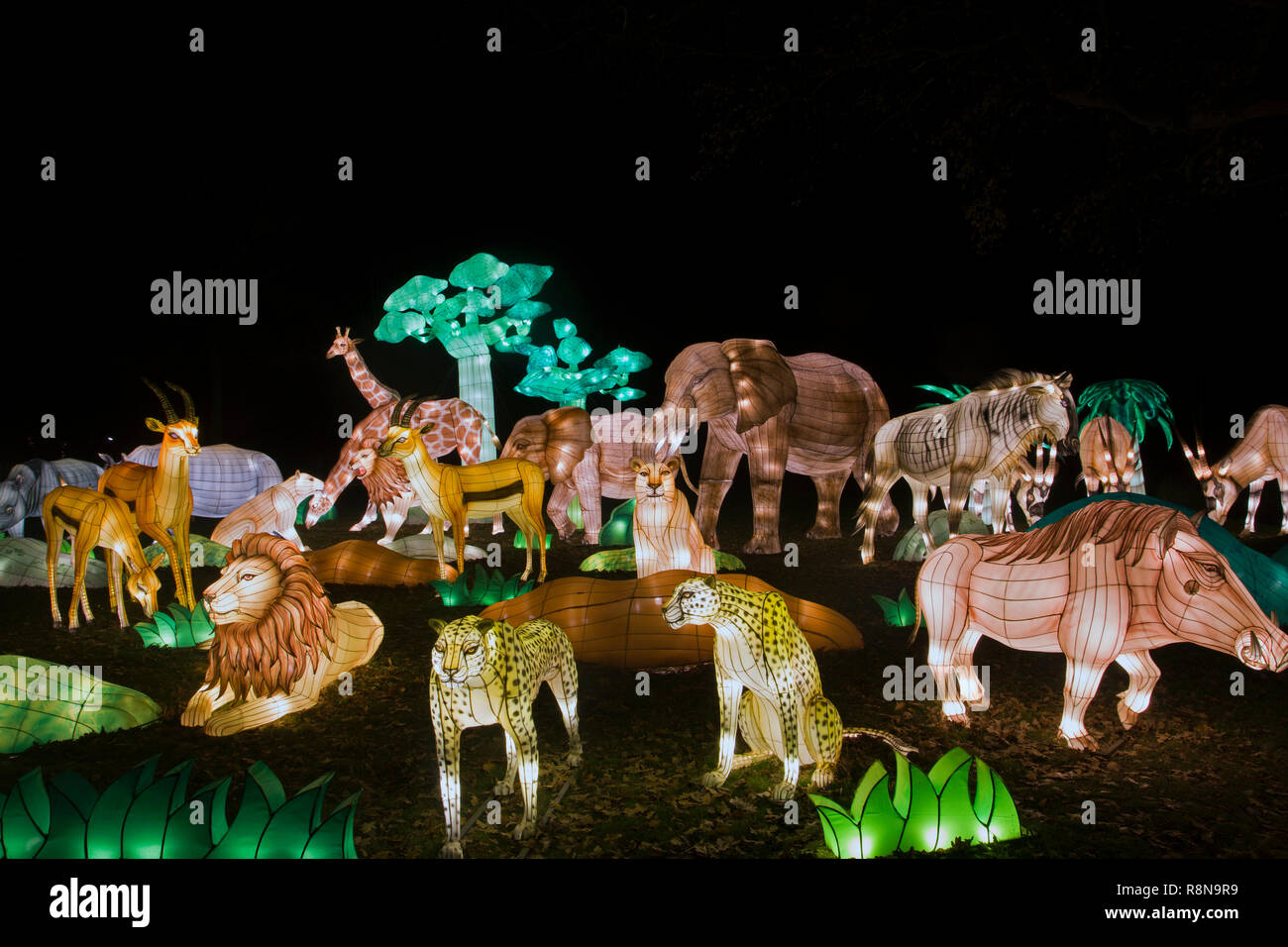 Verschiedene wilde Tiere Licht Objekte Löwen, Giraffen, Wild in einem China Licht Festival Stockfoto