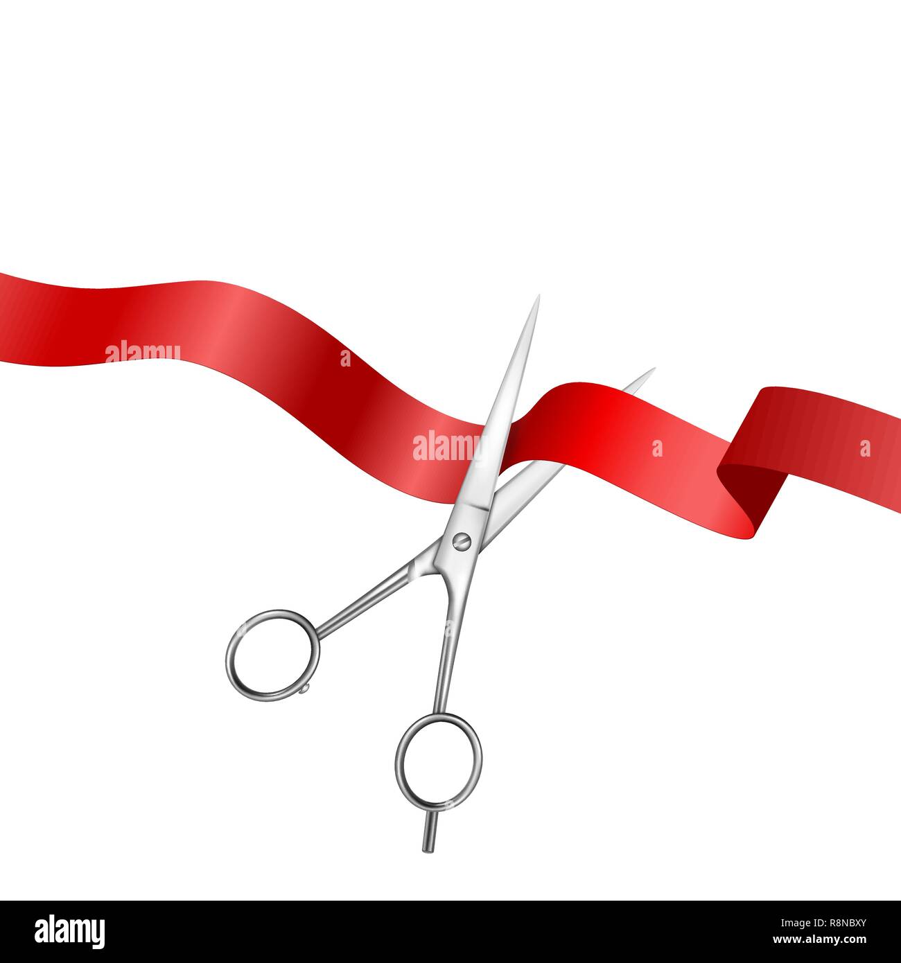 Grand Opening Hintergrund mit realistischen Metall Silber Schere und Red Ribbon Closeup isoliert auf weißem Hintergrund. Design Vorlage der klassischen Schere schneiden Red Ribbon Banner für Eröffnungsfeier Stock Vektor