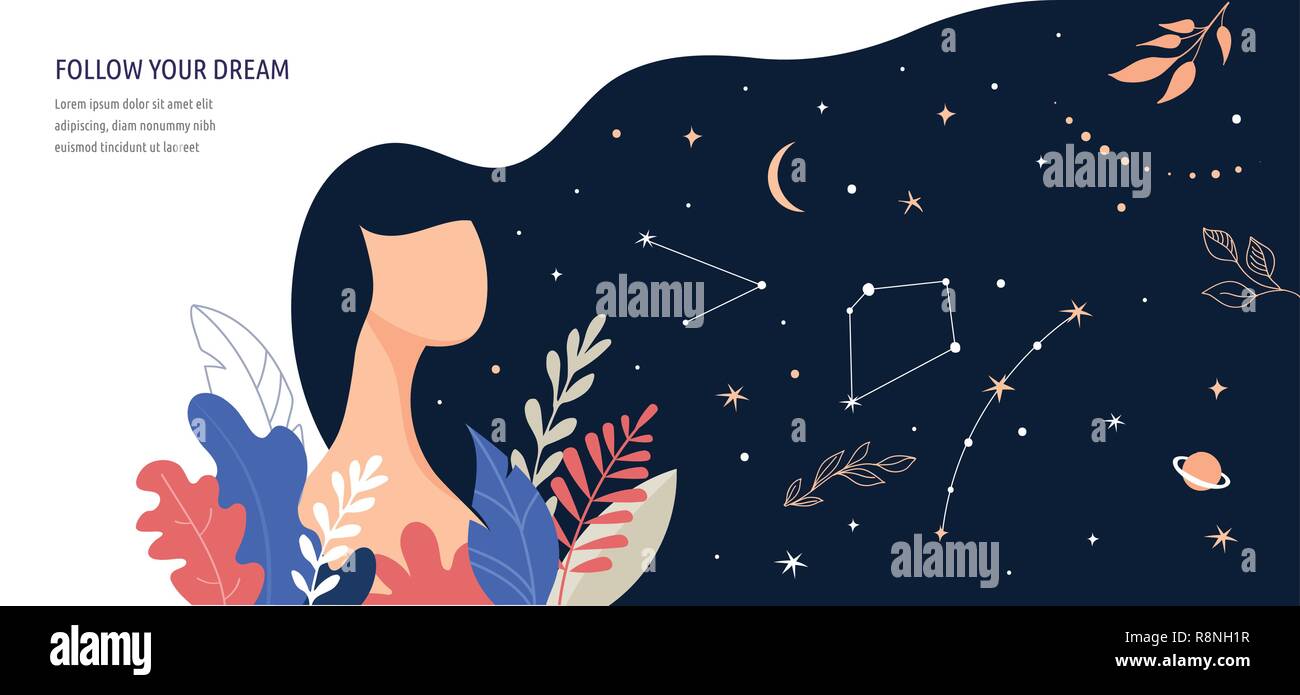 Feminine Konzeption Illustration, schöne Frau, Haare Nacht Himmel voller Sterne. Charakter mit Blüten und Blättern verziert. Stock Vektor