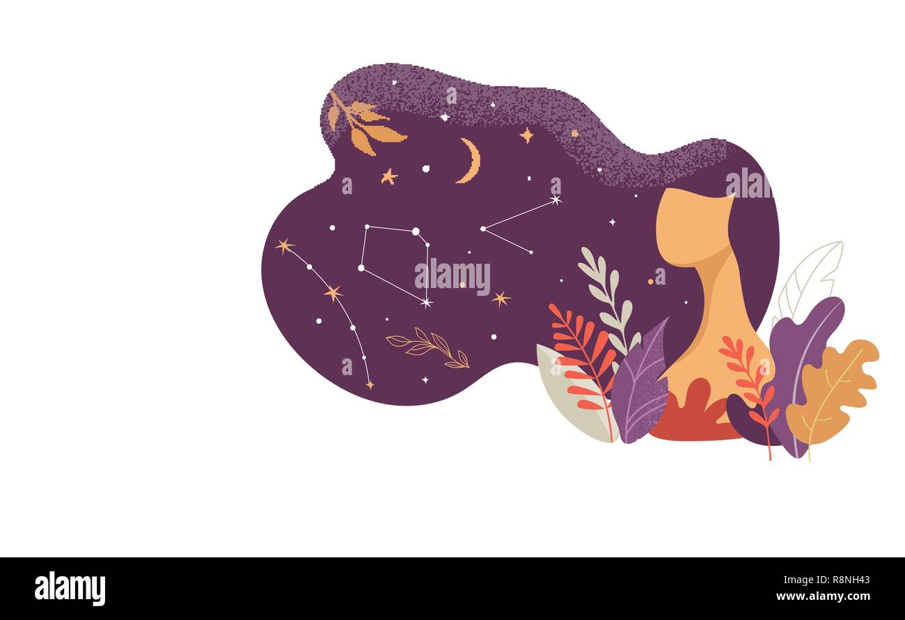 Feminine Konzeption Illustration, schöne Frau mit Sternen, Blüten und Blättern verziert. Stock Vektor