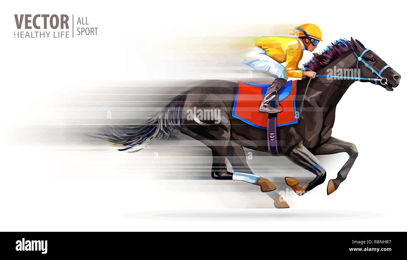 Jockey auf Racing Pferd. Champion. Das hippodrom. Rennstrecke. Reiten. Vector Illustration. Derby. Geschwindigkeit. Verschwommene Bewegung. Auf weissem Hintergrund Stock Vektor