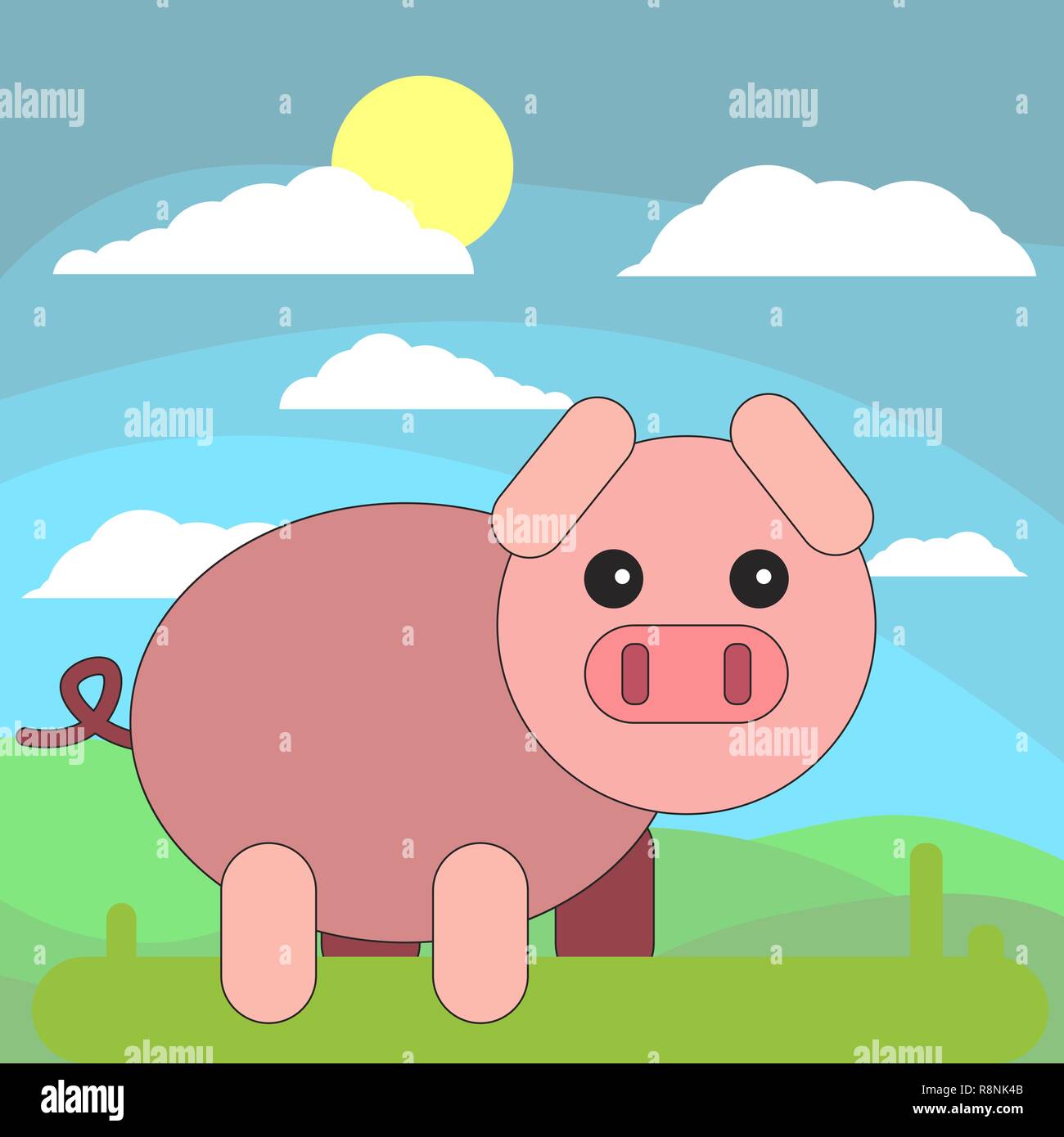 Schwein im Cartoon Flat Style auf dem Hintergrund der Wiesen, Sonne und Wolken. Vector Illustration auf weißem Hintergrund. Stock Vektor