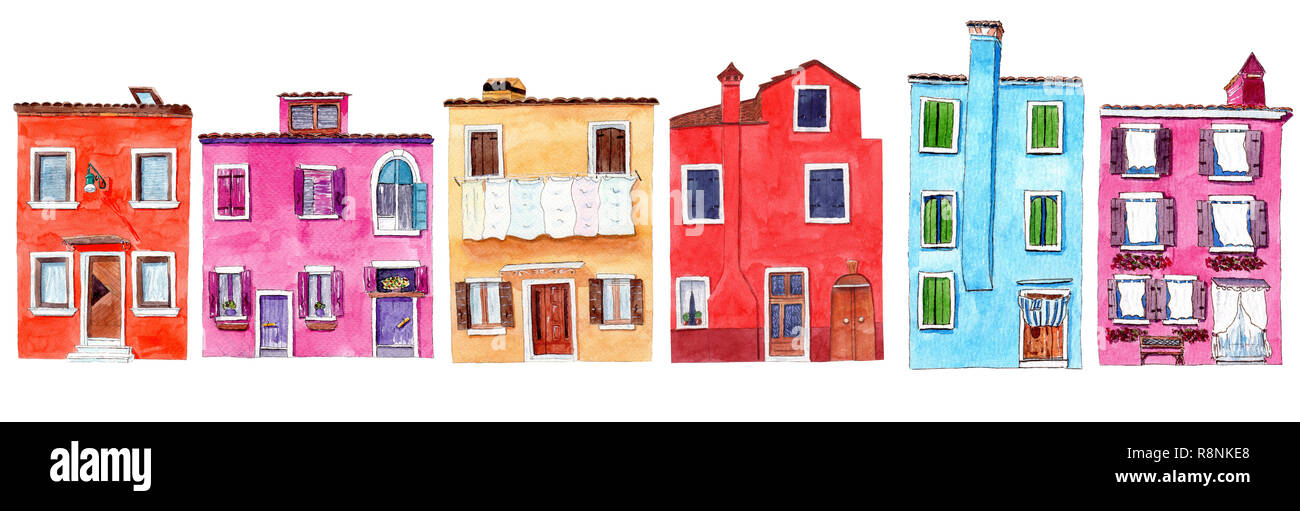 Satz Von Aquarell Bunte Illustration Eines Hauser Aus Burano Auf Weissem Hintergrund Cliparts Fur Ihre Gestaltung Von Karten Einladungen Backgrou Stockfotografie Alamy
