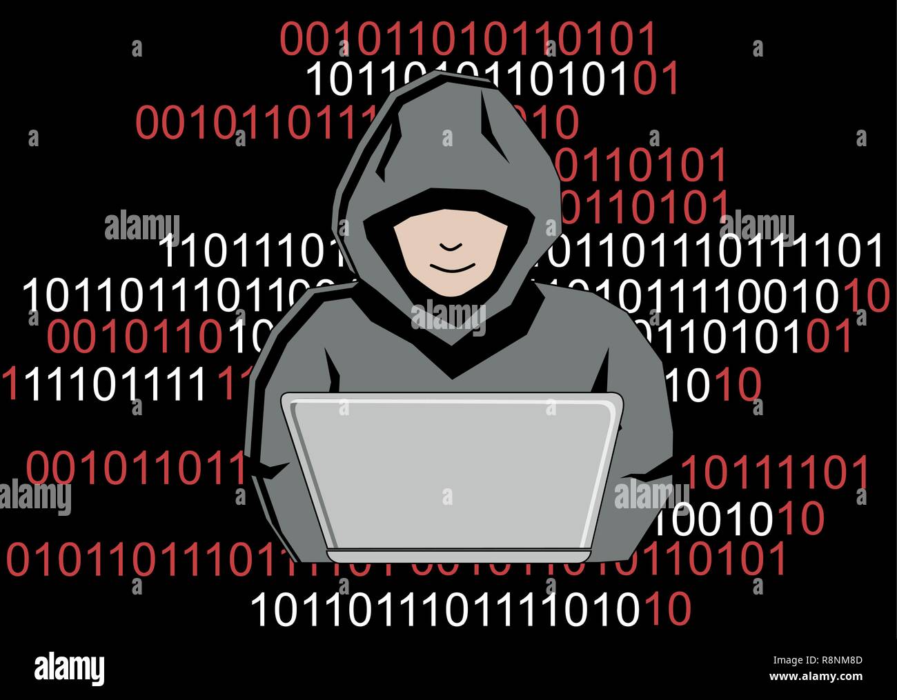 Ein Mann versteckt sich unter einer Haube Hacks in einen Computer Stock Vektor