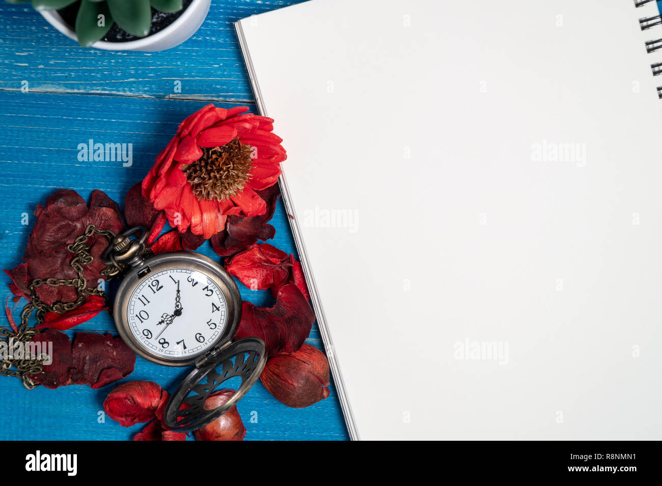 Golden vintage Taschenuhr auf einem blauen Holztisch mit leeren Notebook und Rote, getrocknete Blumen mit Arom. Kopieren Sie Platz für Text und Inhalt. Stockfoto