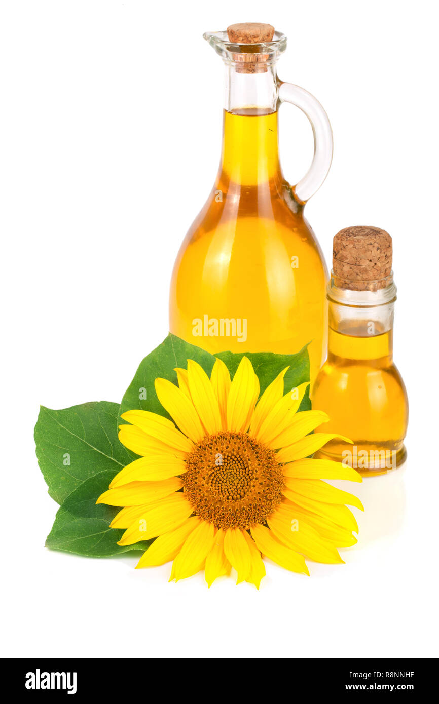 Sonnenblumenöl und Blume auf weißem Hintergrund Stockfoto