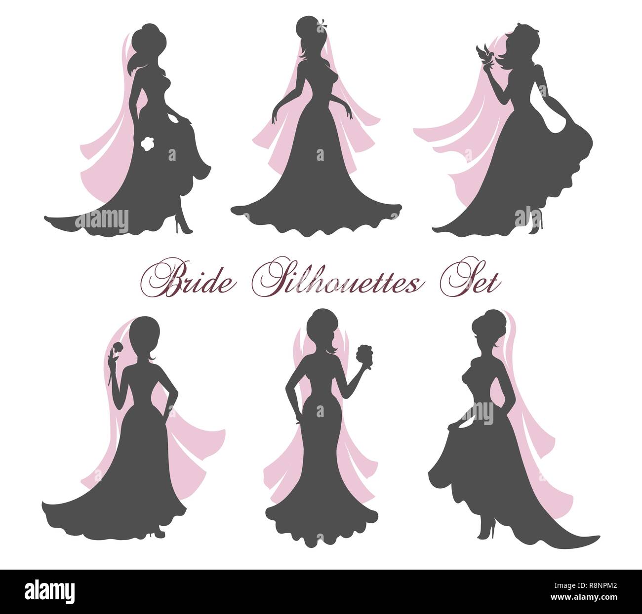 Sechs Silhouetten der Bräute in Bridal Veil. Vector Illustration. Stock Vektor