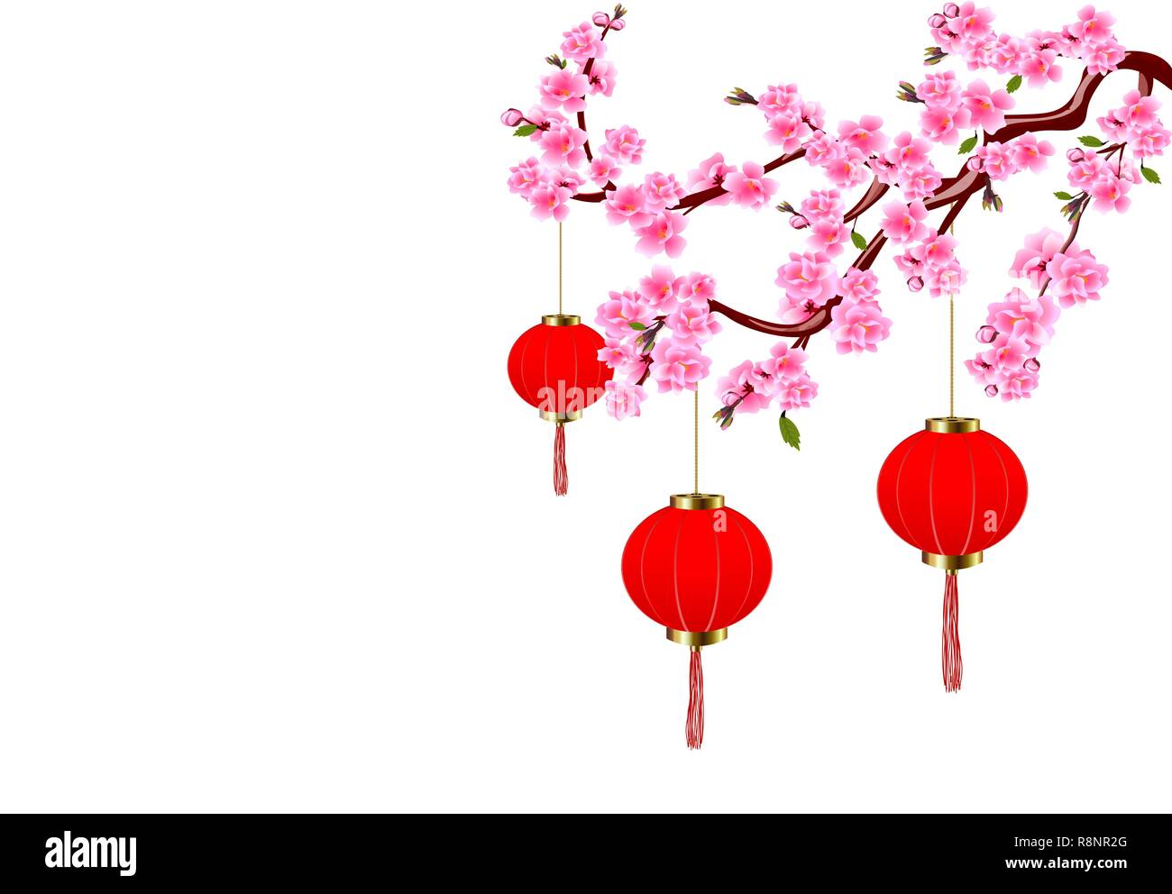 Das chinesische Neujahr. Sakura und roten Ampeln. Cherry Blumen mit Knospen und Blätter am Zweig. Abbildung Stock Vektor