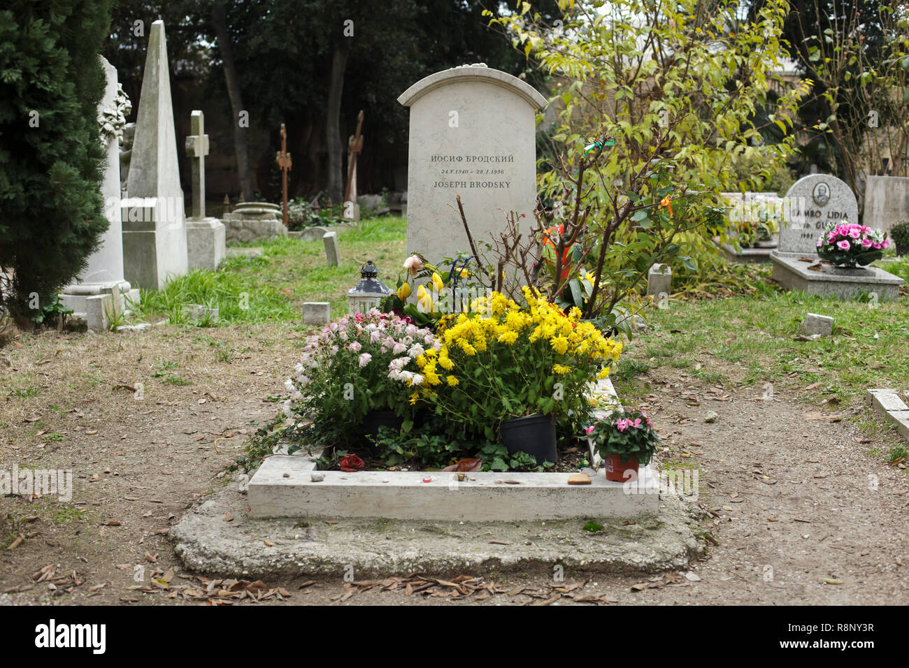 Grab von russischen Dichter Joseph Brodsky (1940-1996) an der Evangelischen Friedhof San Michele Insel (Isola di San Michele) in Venedig, Italien. Stockfoto