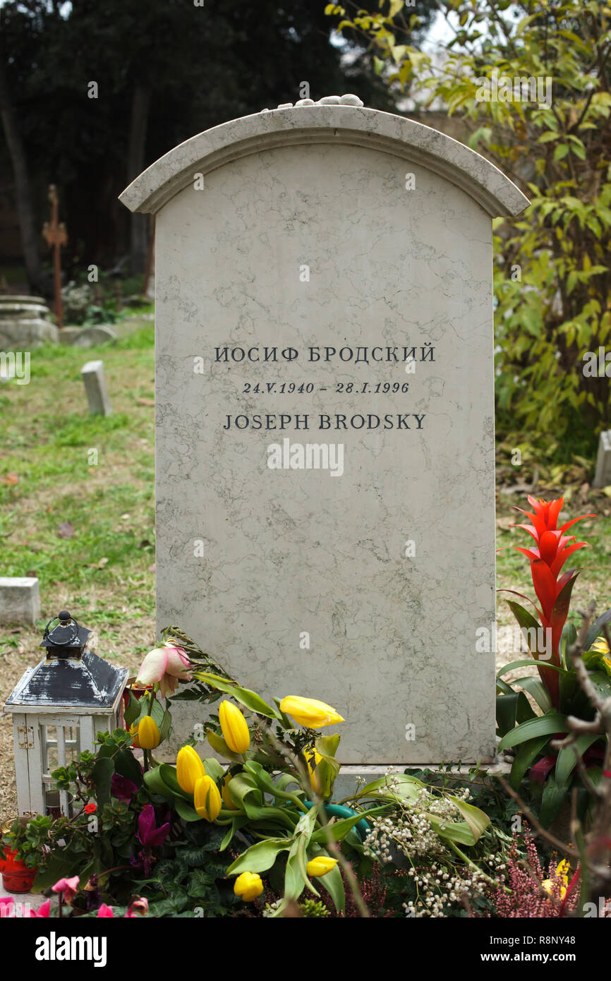 Grab von russischen Dichter Joseph Brodsky (1940-1996) an der Evangelischen Friedhof San Michele Insel (Isola di San Michele) in Venedig, Italien. Stockfoto