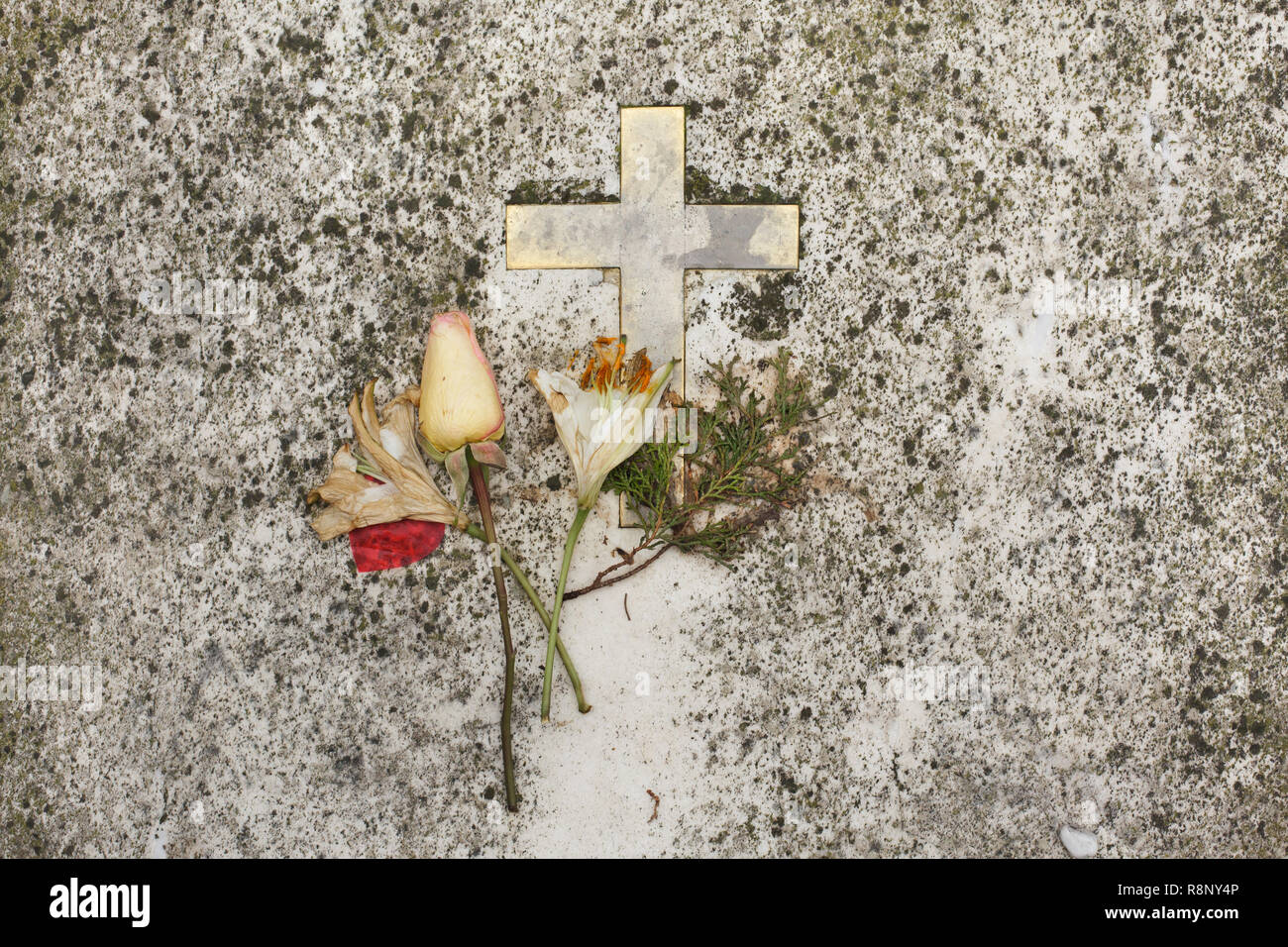 Kreuz und Blumen auf dem Grab von Russischen Schauspielerin Vera Stravinsky, geb. Vera de Bosset (1889-1982) an der griechisch-orthodoxen Friedhof auf San Michele Insel (Isola di San Michele) in Venedig, Italien. Vera Strawinski war die zweite Frau des russischen Komponisten Igor Strawinsky, der in der Nähe begraben. Stockfoto