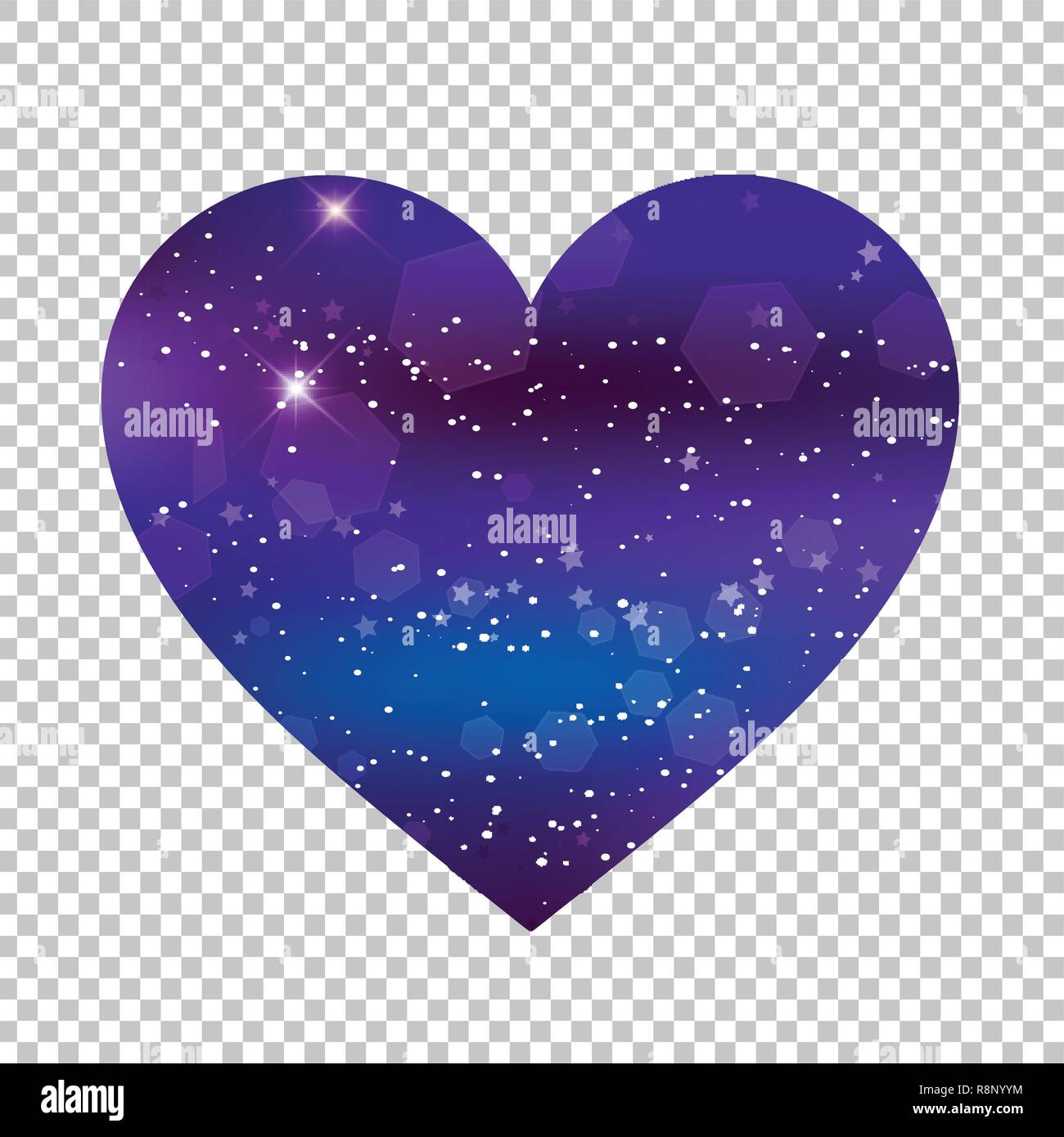 Vektor fantastische Galaxie Herz auf transparentem Hintergrund isoliert. Lila Neon Magic Symbol, Nacht Sternenhimmel Liebe Symbol für Valentines Grußkarte, w Stock Vektor