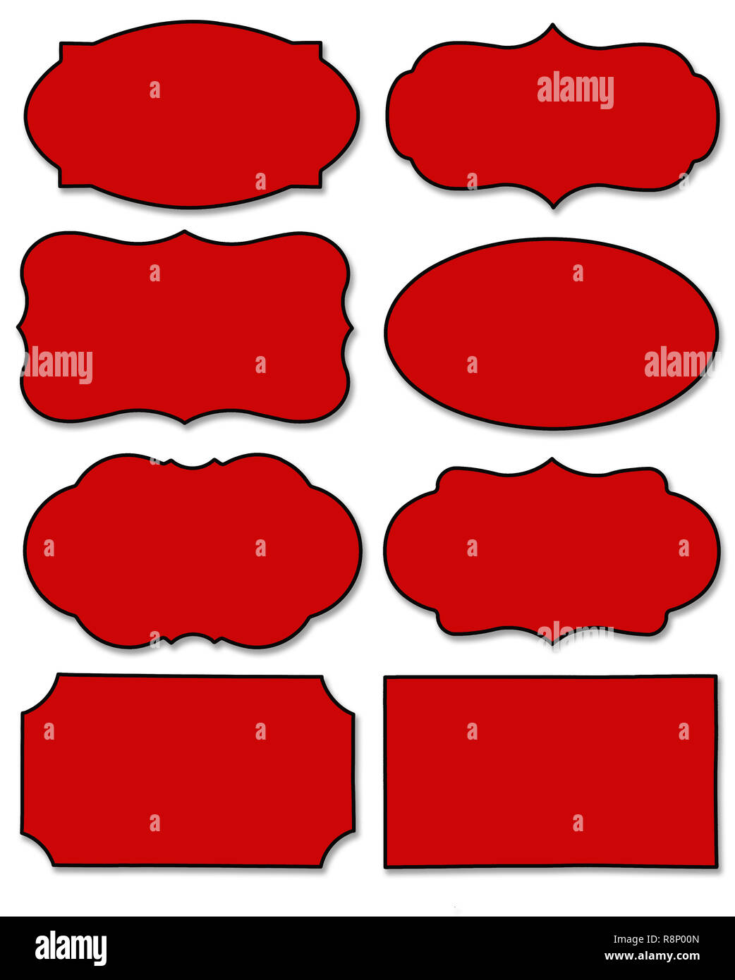 Eingestellt von dunkelrot Tag und Sprechblase mit verschiedenen Form auf weißem Hintergrund. Sammlung von Aufkleber mit schwarzem Rand und Kopieren. Stockfoto