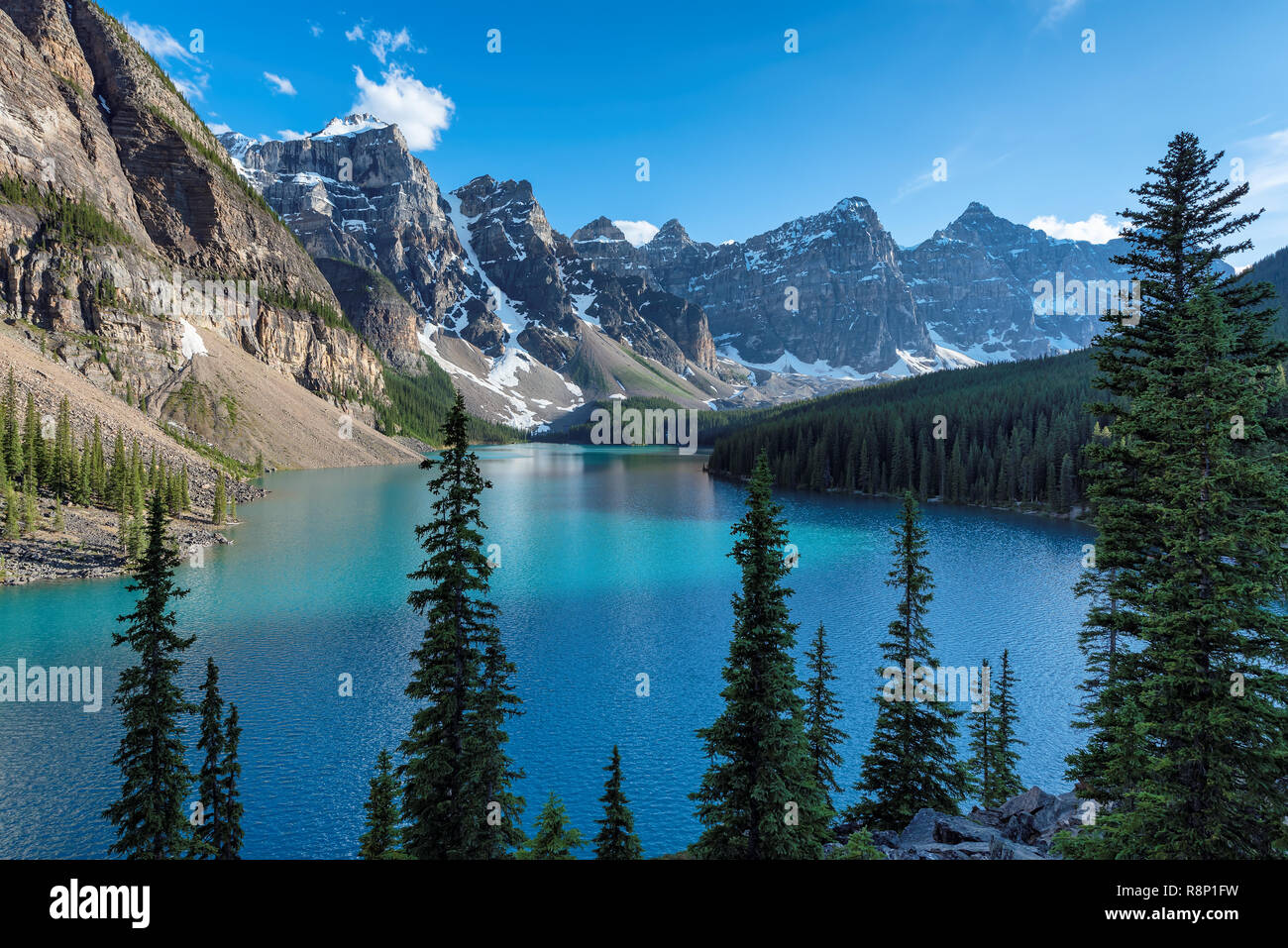 Moraine Lake in den kanadischen Rocky Mountains, Banff National Park, Kanada. Stockfoto