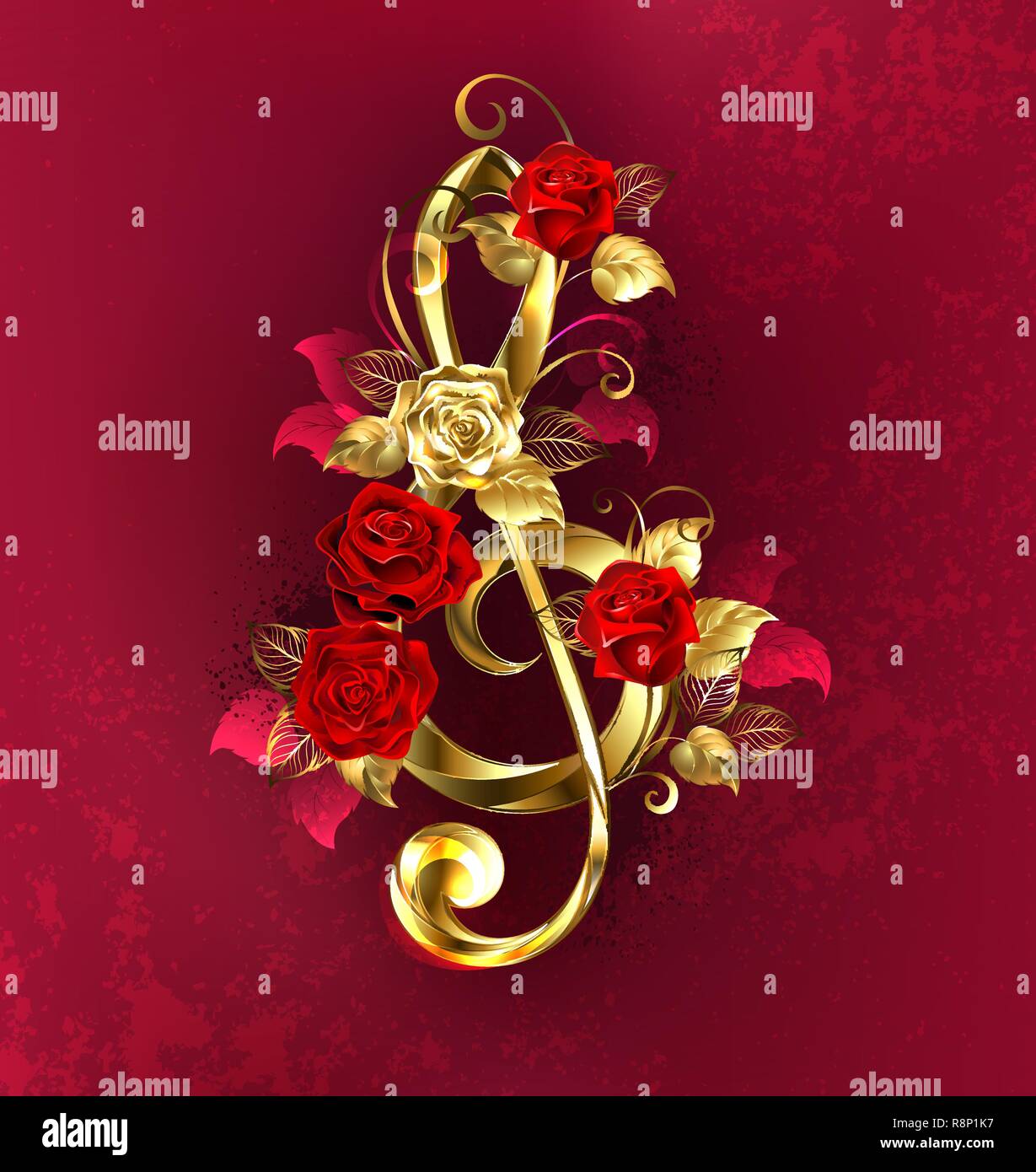 Golden Tonart, mit roten Rosen und goldenen Blätter auf strukturierten Hintergrund eingerichtet. Stock Vektor