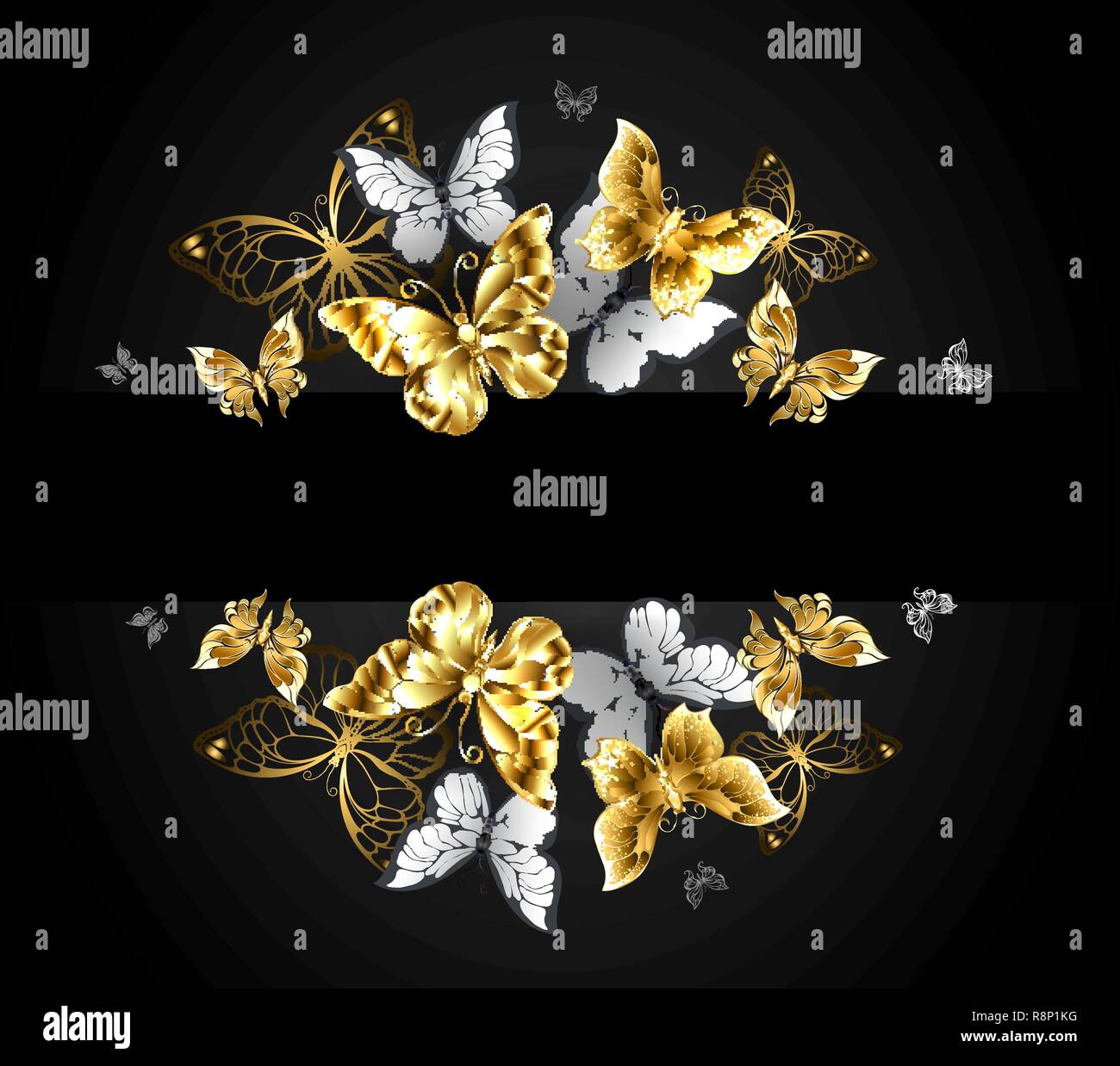 Design mit Schmuck gold Schmetterlinge und realistische weiße Schmetterlinge auf schwarzen Hintergrund. Stock Vektor