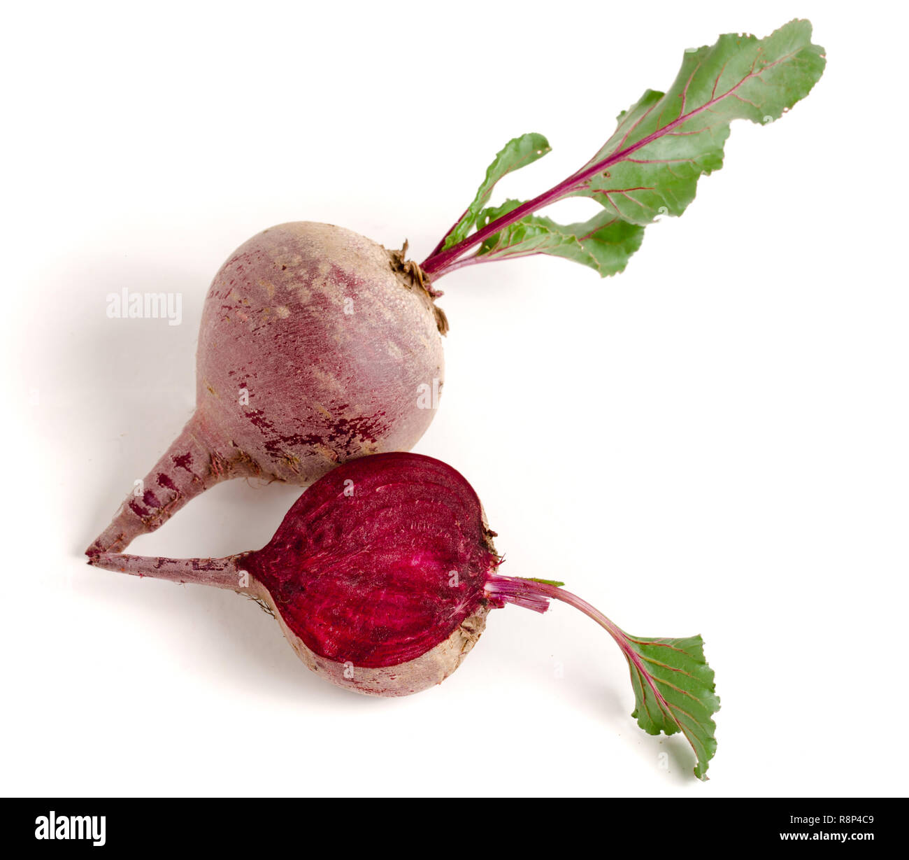 Rote Bete und Hälfte mit Blatt auf weißem Hintergrund Stockfoto