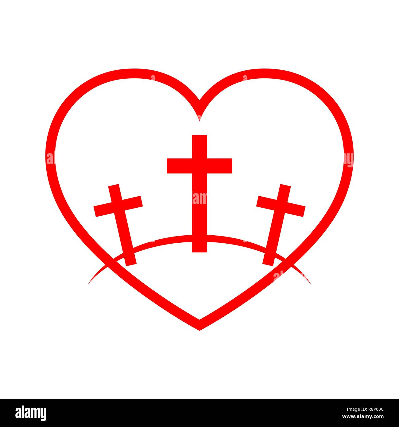 Kalvarienberg Symbol mit der Form des Herzens. Vector Illustration. Rotes Symbol von Golgota Stock Vektor