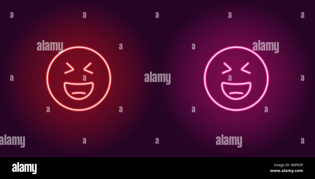 Neon Abbildung: grinsend emoji. Vektor Icon von Cartoon lachen Emoji mit verengten Augen im Umriss neon Style, rot und rosa Farben. Glühende emot Stock Vektor
